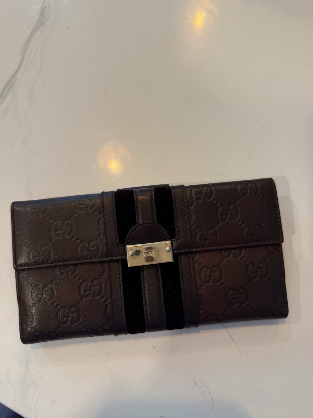 Gucci Dark Brown Embossed GG Leather Continental Wallet with Black Stripe